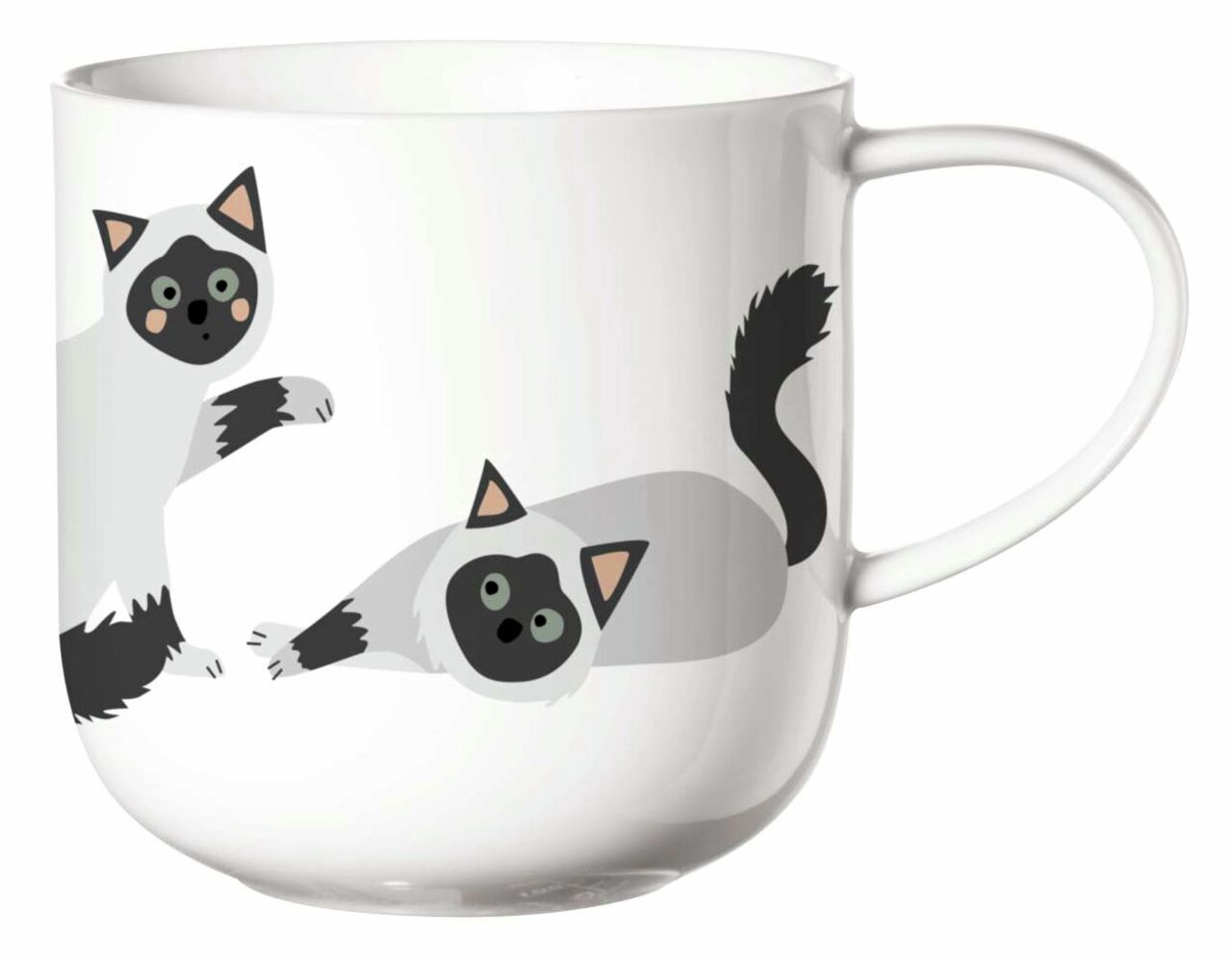 Weißer Henkelbecher mit niedlichem Katzenmotiv, seitliche Perspektive