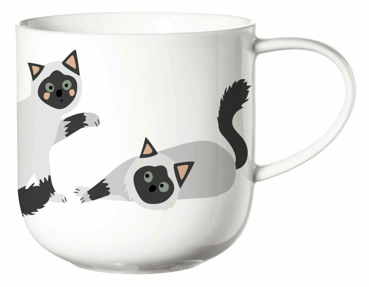 Weißer Henkelbecher mit niedlichem Katzenmotiv, seitliche Perspektive