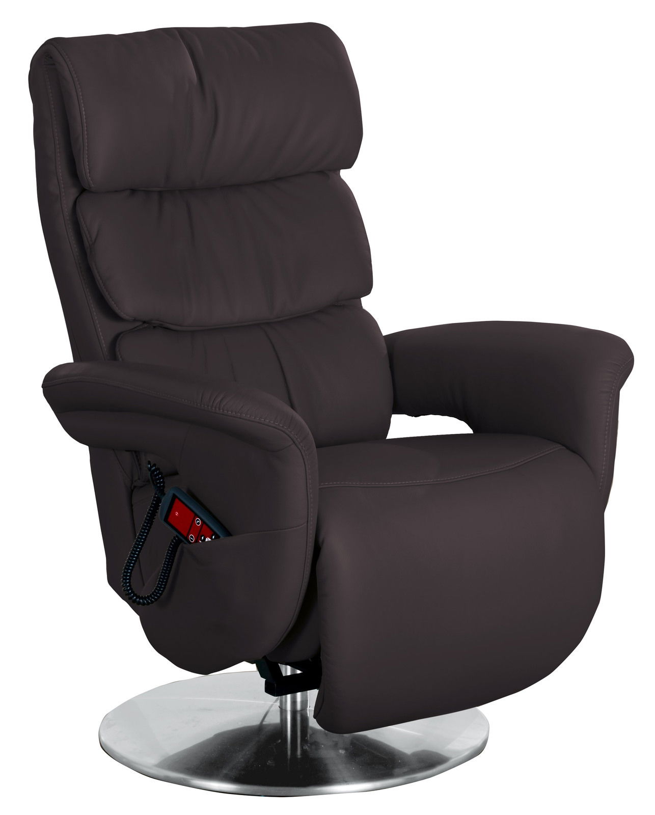 Moderner brauner Fernsehsessel mit verstellbarer Rückenlehne und integriertem Bedienfeld, seitliche Perspektive