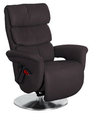 Moderner brauner Fernsehsessel mit verstellbarer Rückenlehne und integriertem Bedienfeld, seitliche Perspektive