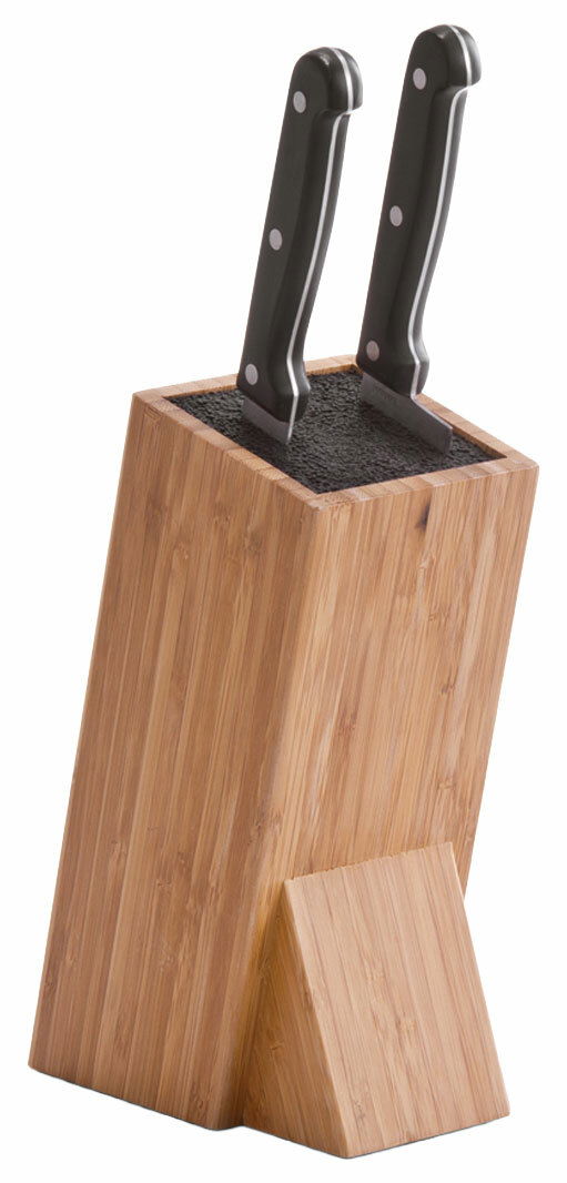 Messerblock aus Holz mit Borsteneinsatz, zwei Messer sichtbar, seitliche Perspektive