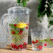 Klares Kannenset mit strukturiertem Design, gefüllt mit Wasser, Zitronenscheiben, roten Beeren und Kräutern, aus seitlicher Perspektive fotografiert.