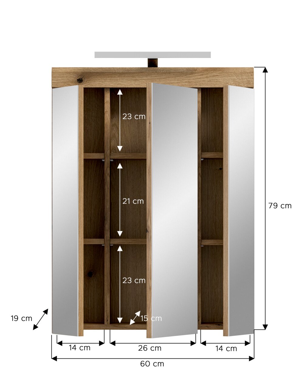 Offener Hängeschrank/Spiegelschrank aus Holz mit drei Türen und Innenfächern, Maßgrafik mit 60 cm Breite und 79 cm Höhe, Frontansicht.