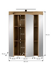 Offener Hängeschrank/Spiegelschrank aus Holz mit drei Türen und Innenfächern, Maßgrafik mit 60 cm Breite und 79 cm Höhe, Frontansicht.