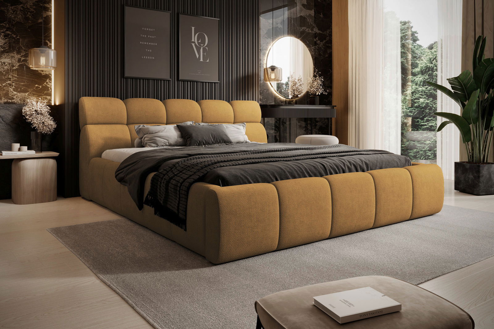 Modernes Polsterbettgestell in einem stilvollen Schlafzimmer, seitliche Perspektive