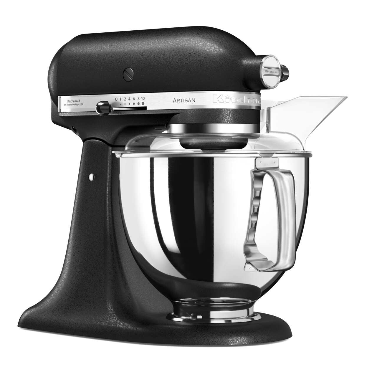 Schwarze Küchenmaschine aus Guss mit Edelstahl-Rührschüssel, seitliche Perspektive