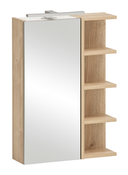 Spiegelschrank mit Holzoptik und seitlichen Regalen, Frontalansicht