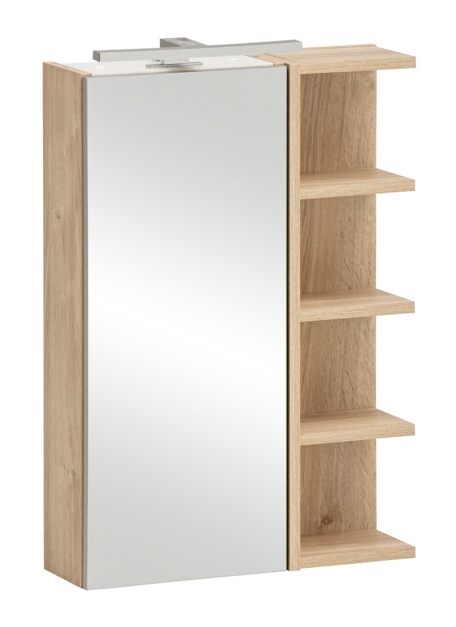 Spiegelschrank mit Holzoptik und seitlichen Regalen, Frontalansicht