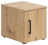 Holzfarbener Aufsatzschrank mit schwarzem Griff, seitliche Perspektive