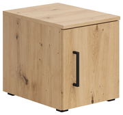 Holzfarbener Aufsatzschrank mit schwarzem Griff, seitliche Perspektive