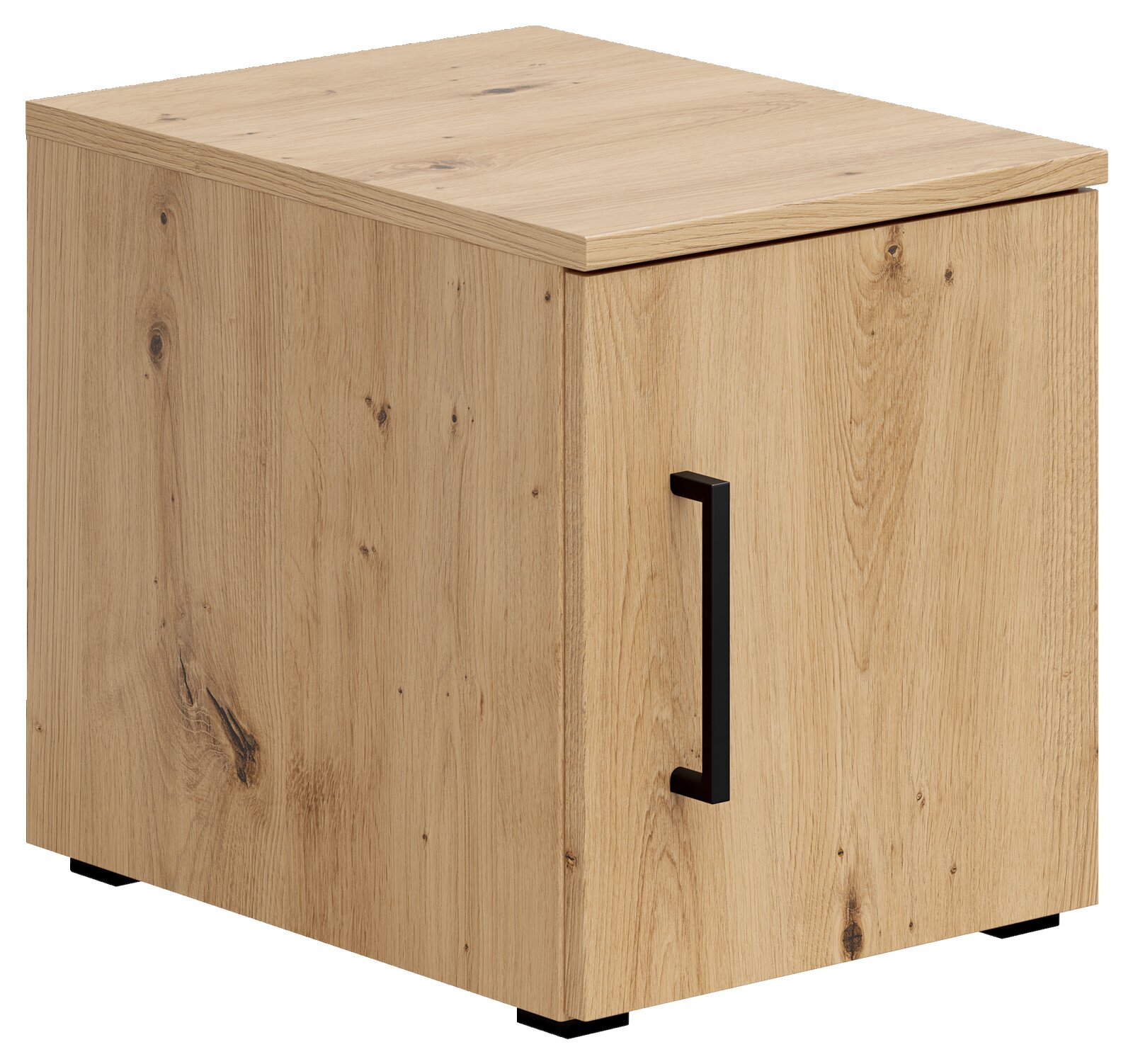 Holzfarbener Aufsatzschrank mit schwarzem Griff, seitliche Perspektive