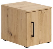Holzfarbener Aufsatzschrank mit schwarzem Griff, seitliche Perspektive