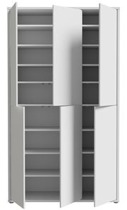 XXL-Schuhschrank mit sechs Türen, frontal geöffnet, zeigt mehrere Regalböden für umfangreiche Schuhaufbewahrung.