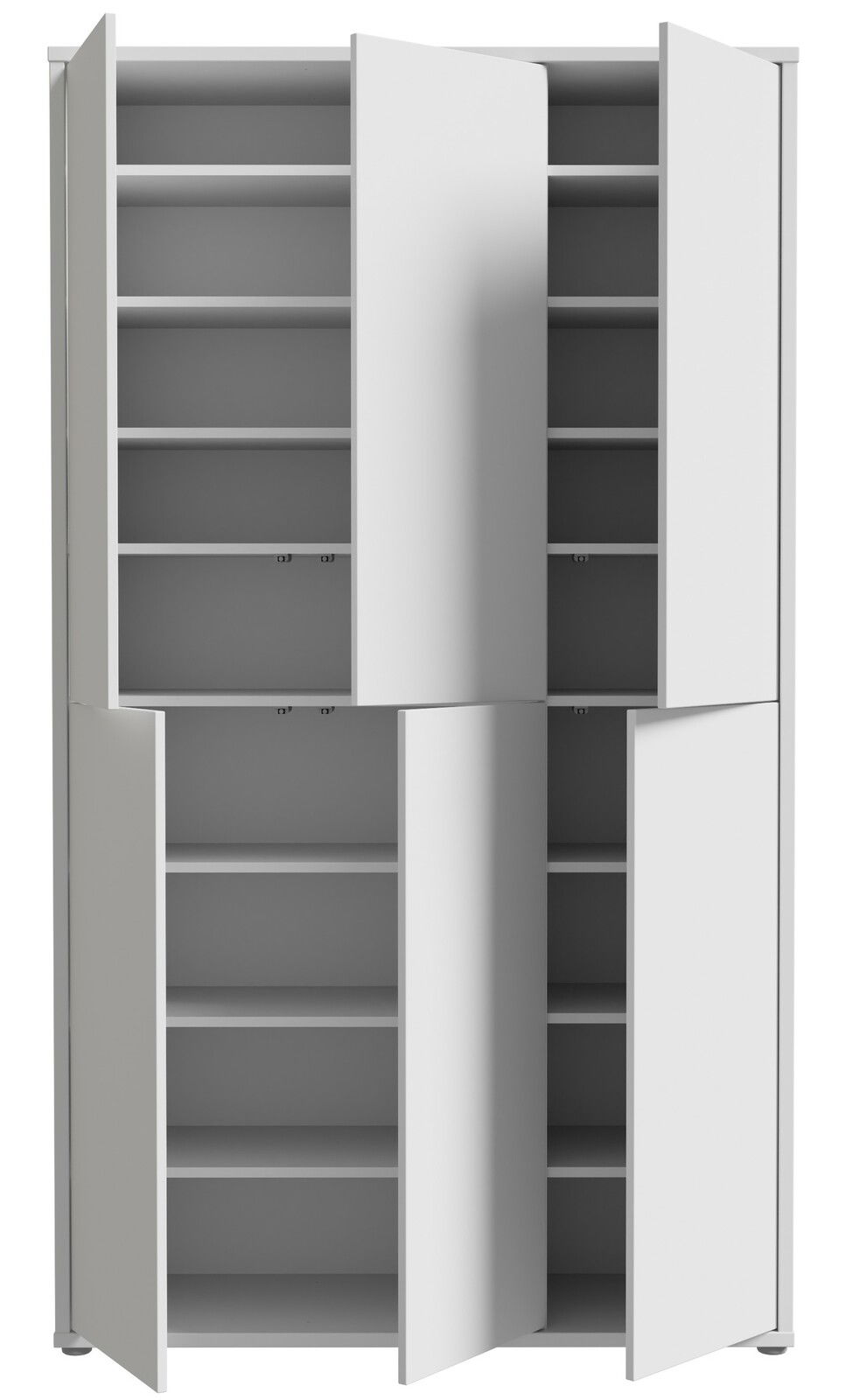 XXL-Schuhschrank mit sechs Türen, frontal geöffnet, zeigt mehrere Regalböden für umfangreiche Schuhaufbewahrung.