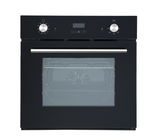 Frontansicht eines modernen schwarzen Einbaubackofens mit Edelstahlgriff und digitalen Bedienelementen.