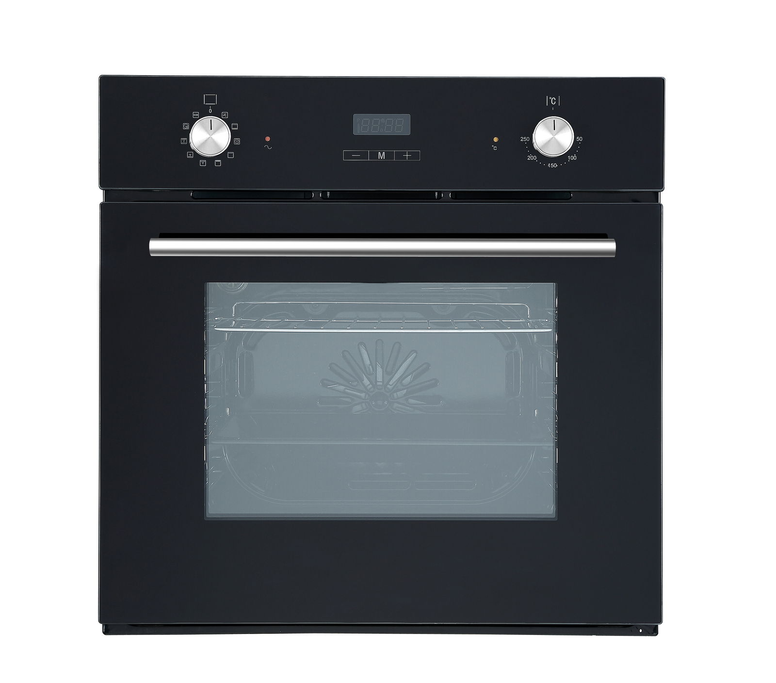 Frontansicht eines modernen schwarzen Einbaubackofens mit Edelstahlgriff und digitalen Bedienelementen.