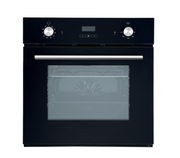Frontansicht eines modernen schwarzen Einbaubackofens mit Edelstahlgriff und digitalen Bedienelementen.
