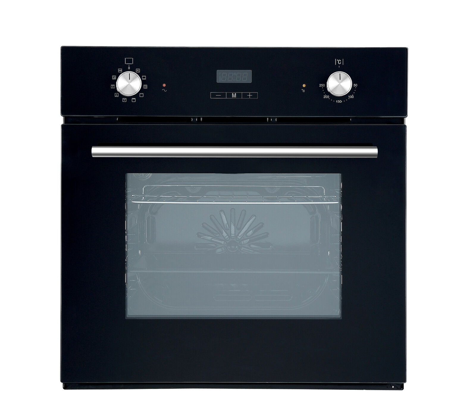 Frontansicht eines modernen schwarzen Einbaubackofens mit Edelstahlgriff und digitalen Bedienelementen.