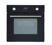 Frontansicht eines modernen schwarzen Einbaubackofens mit Edelstahlgriff und digitalen Bedienelementen.