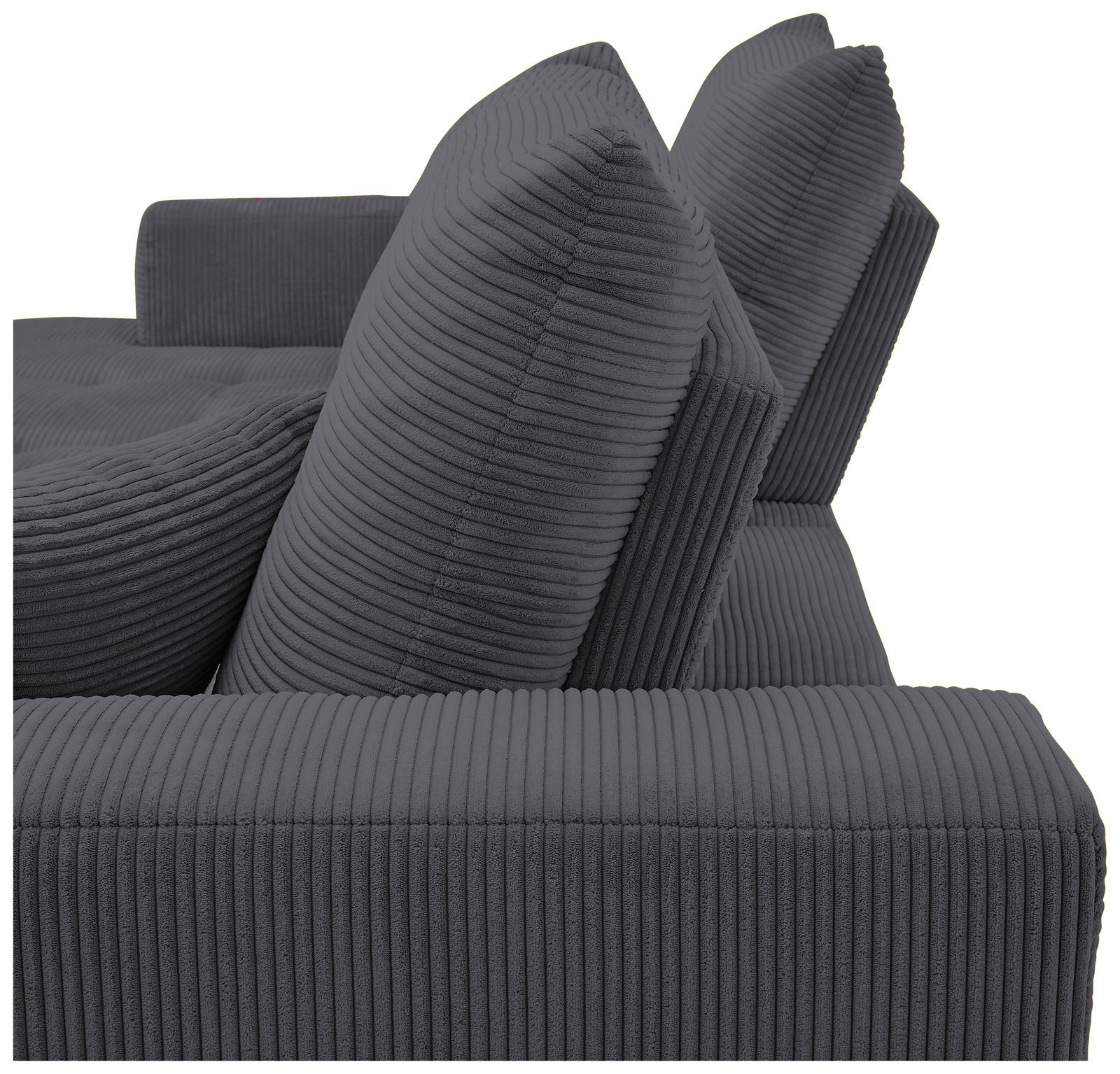 Nahaufnahme einer grauen, gerippten Sofaecke mit zwei großen Kissen, seitliche Perspektive.
