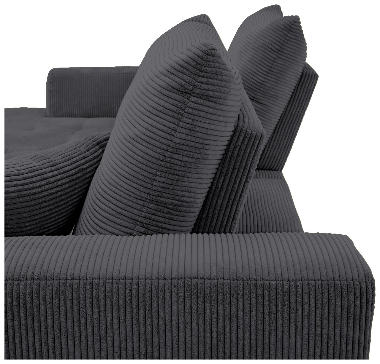 Nahaufnahme einer grauen, gerippten Sofaecke mit zwei großen Kissen, seitliche Perspektive.