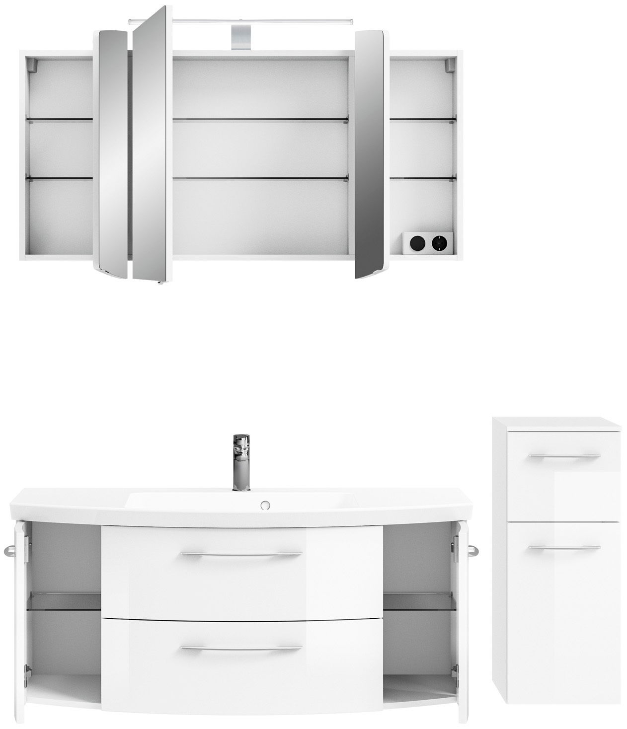 Moderne Badkombination mit Spiegelschrank, Waschbeckenunterschrank und Hochschrank, frontal betrachtet.