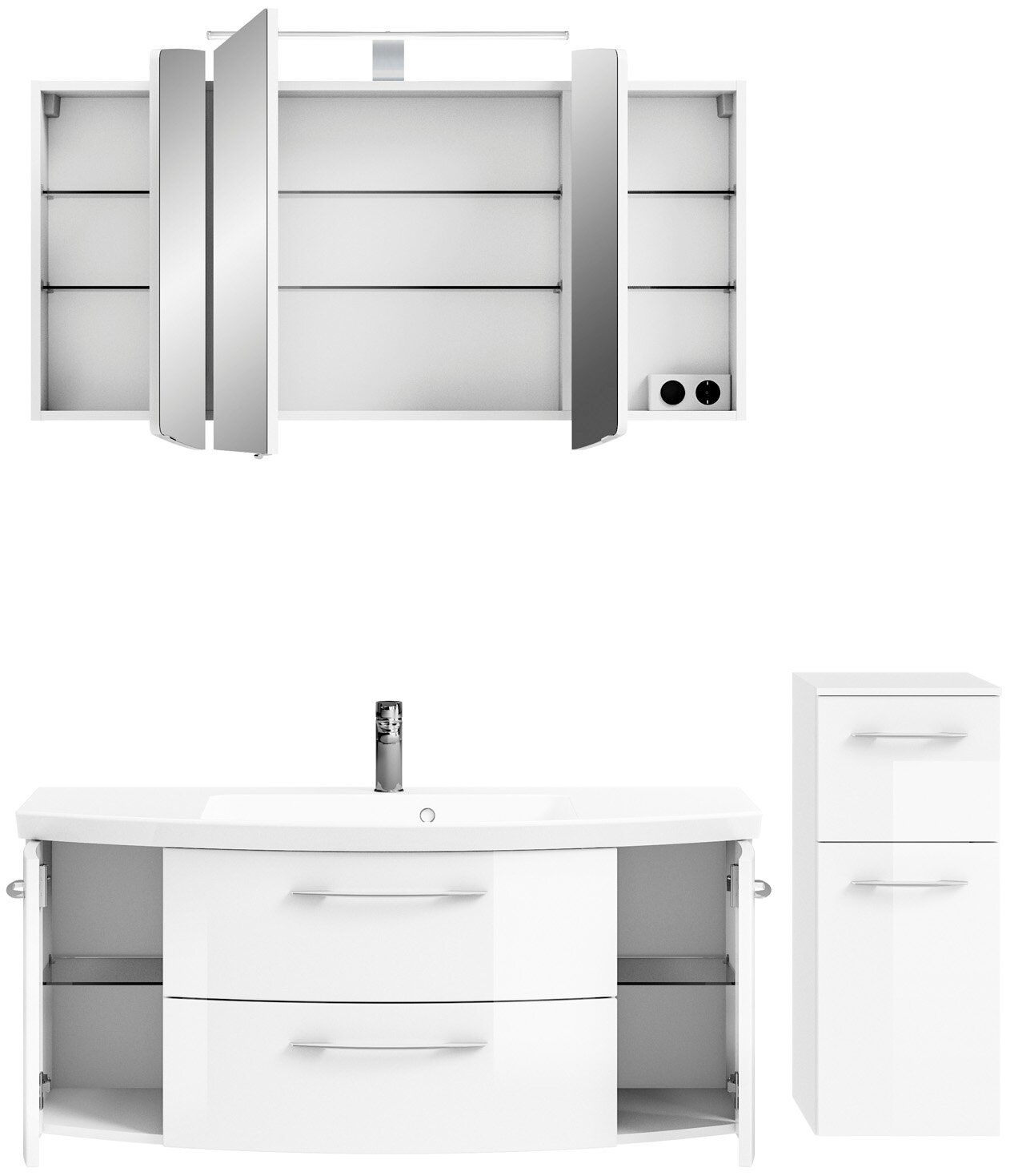 Moderne badkamercombinatie met spiegelkast, wastafelonderkast en hoge kast, gezien vanaf de voorkant.