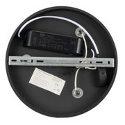 Ronde zwarte led-plafondlamp met ingebouwde led-driver, aansluitkabels en metalen montagebeugel, achterkant/onderkant gezien van achteren