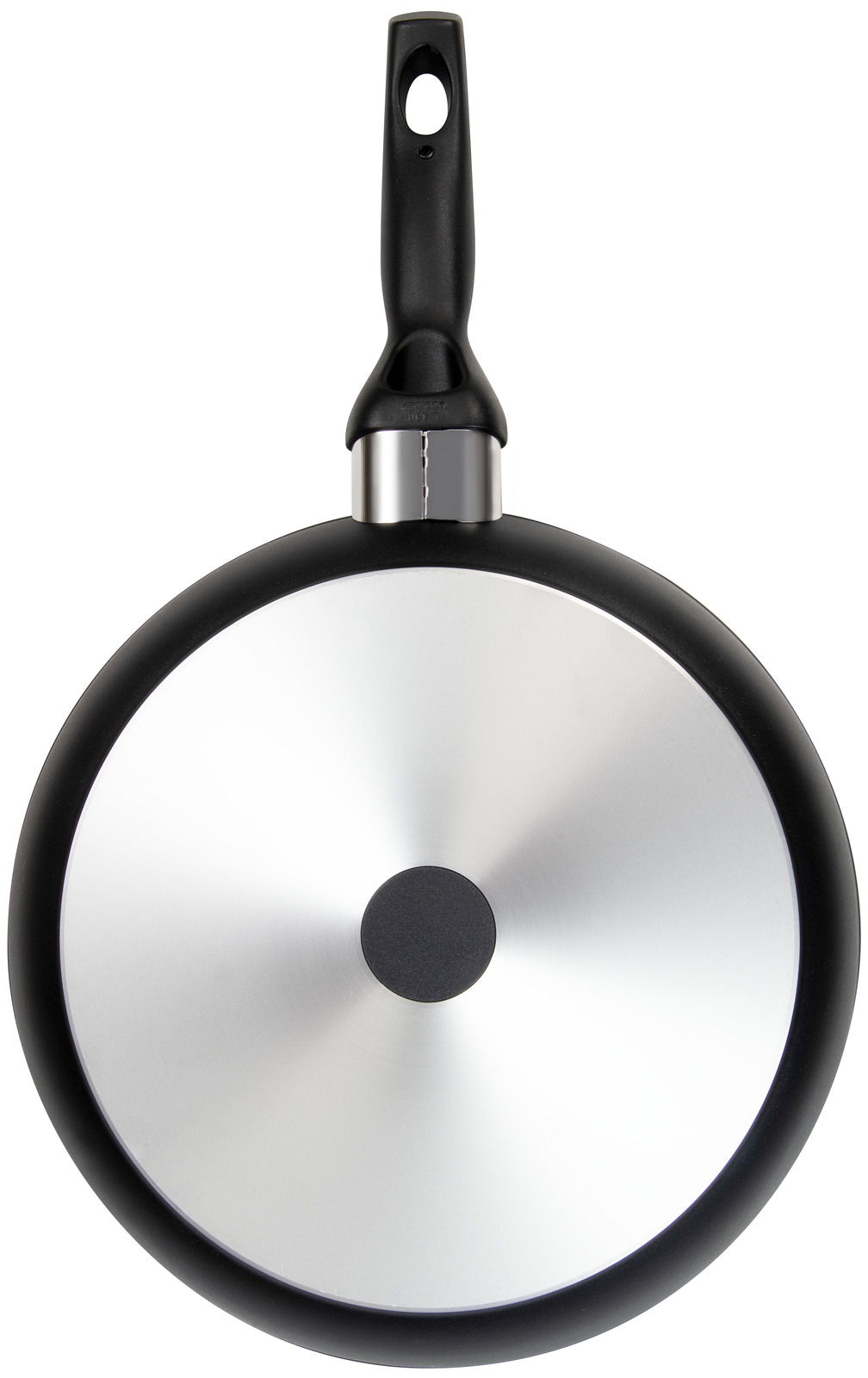 Ansicht von unten einer Bratpfanne mit schwarzem Griff und silbernem Boden, Teil eines 3-teiligen Pfannensets.