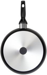 Ansicht von unten einer Bratpfanne mit schwarzem Griff und silbernem Boden, Teil eines 3-teiligen Pfannensets.