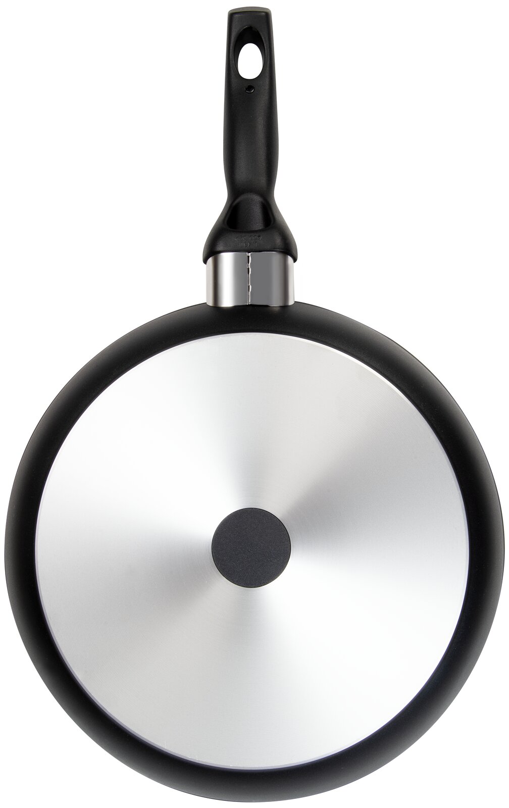 Ansicht von unten einer Bratpfanne mit schwarzem Griff und silbernem Boden, Teil eines 3-teiligen Pfannensets.