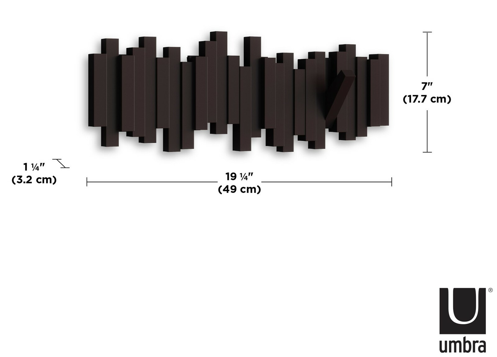 Moderne Wandgarderobe in dunklem Holzdesign mit mehreren Haken, Vorderansicht.