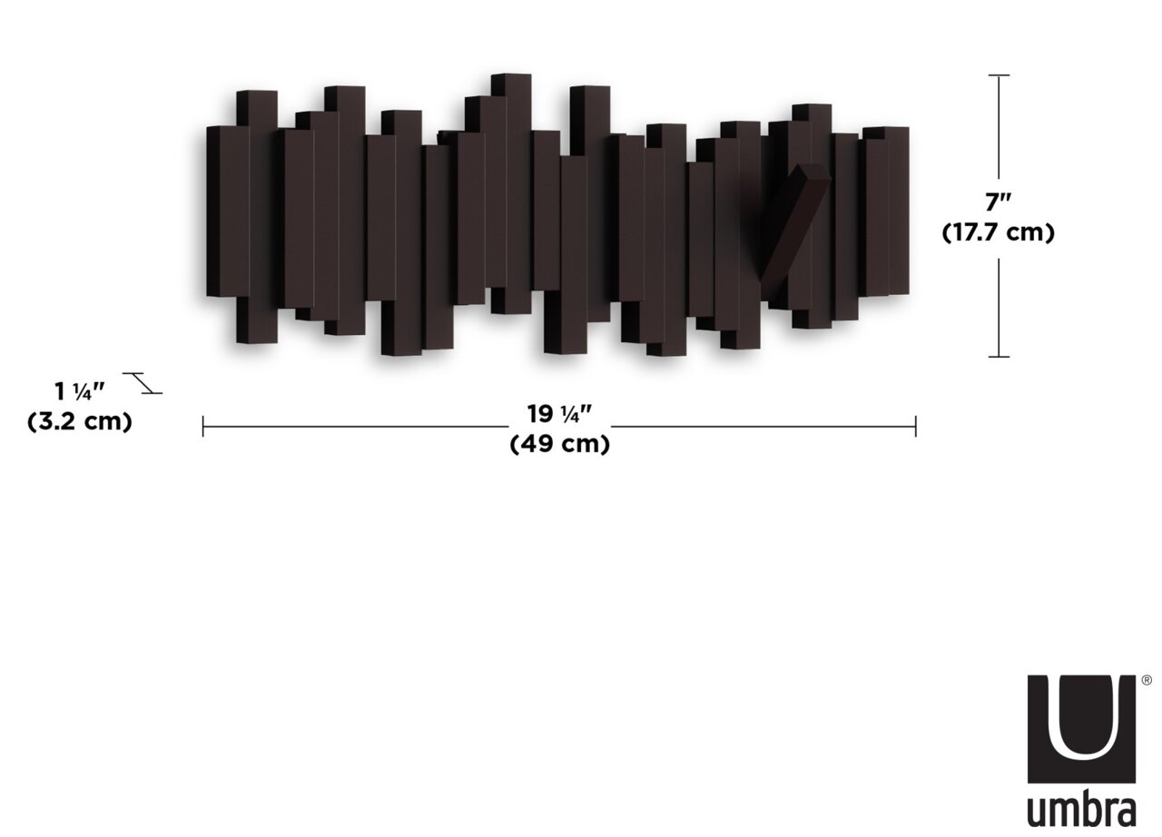 Moderne Wandgarderobe in dunklem Holzdesign mit mehreren Haken, Vorderansicht.