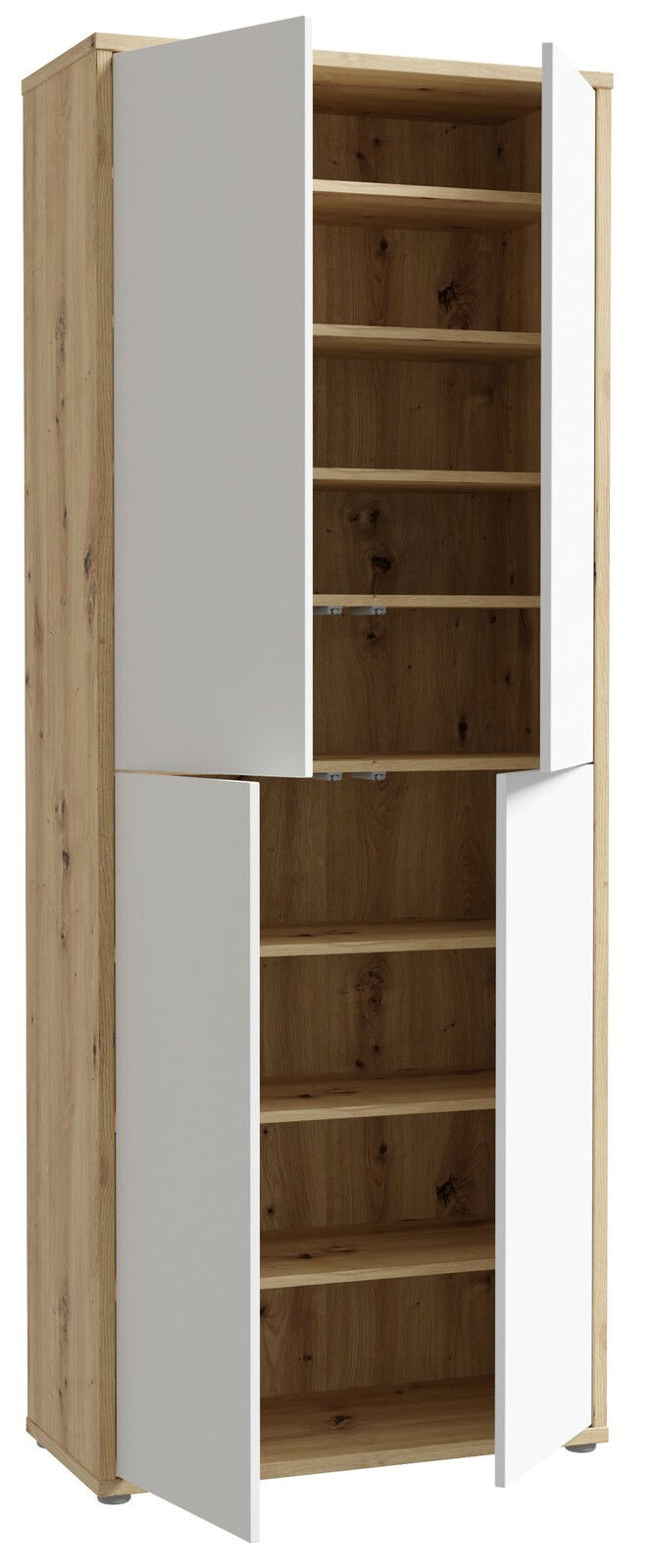 Hoher XL-Schuhschrank mit vier offenen Türen, Holzoptik mit weißen Fronten, seitliche Perspektive.