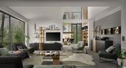 Moderne Wohnzimmeransicht mit eleganter Wandkombination, LED-Beleuchtung und stilvollen Möbeln in einem hellen Raum mit großen Fenstern.