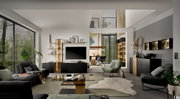 Een moderne woonkamer met een elegante wandcombinatie, ledverlichting en stijlvolle meubels in een lichte ruimte met grote ramen.