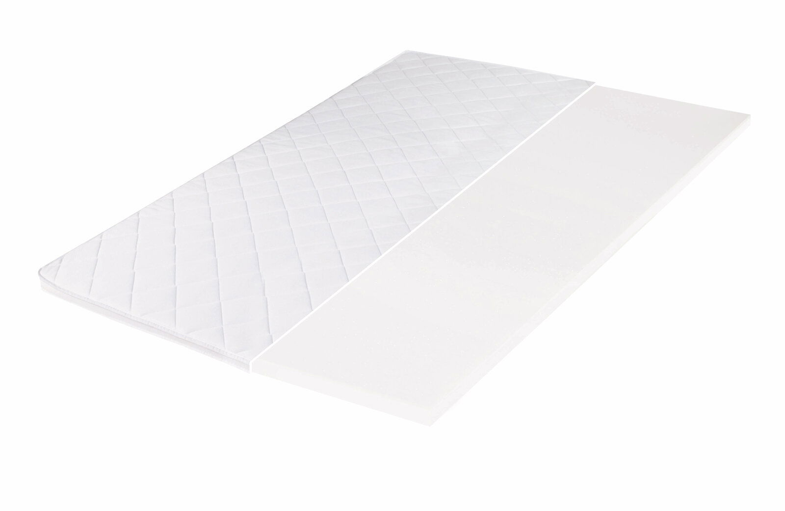 Z2 Komfortschaumtopper P340 COMFORT PUR Komfortschaumtopper in diagonaler Perspektive, halb mit gestepptem Bezug und halb ohne Bezug sichtbar.