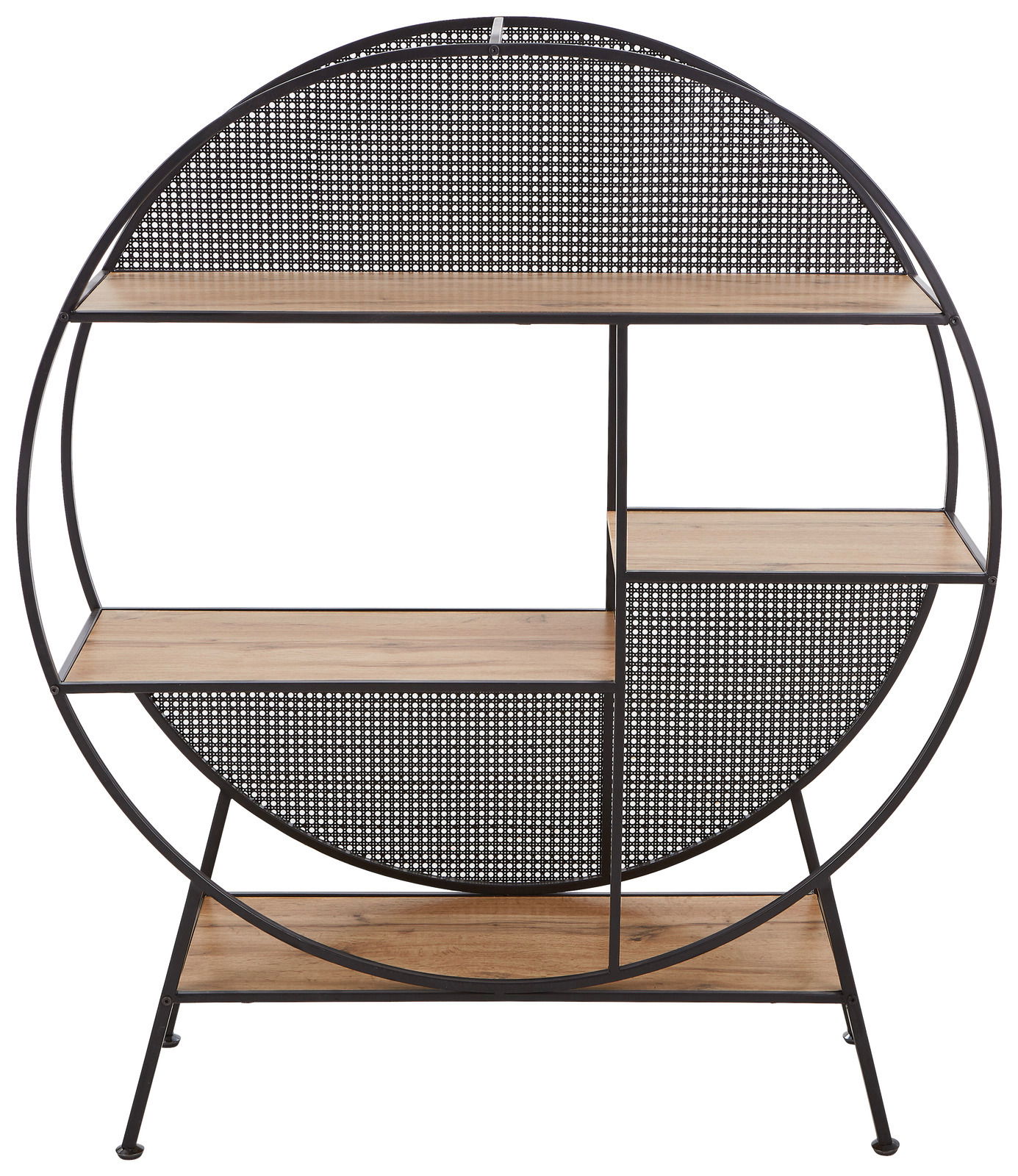 Rundes Regal mit Metallrahmen und Holzböden, Vorderansicht