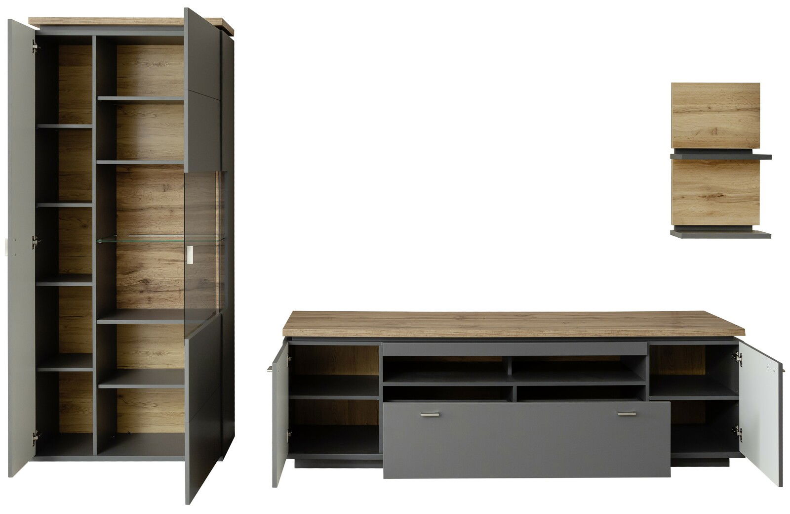 Moderne Wandkombination mit Holz- und Grautönen, bestehend aus einem hohen Schrank mit Glastür, einem breiten TV-Board und einem kleinen Wandregal. Frontalansicht.