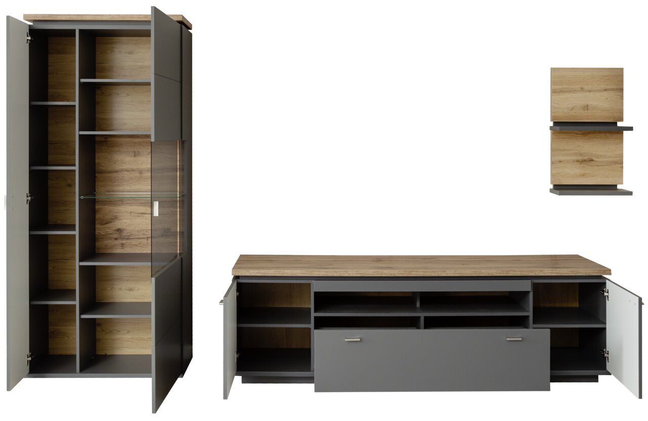 Moderne wandcombinatie in hout- en grijstinten, bestaande uit een hoge kast met glazen deur, een breed tv-meubel en een kleine wandplank. Vooraanzicht.