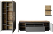 Moderne wandcombinatie in hout- en grijstinten, bestaande uit een hoge kast met glazen deur, een breed tv-meubel en een kleine wandplank. Vooraanzicht.