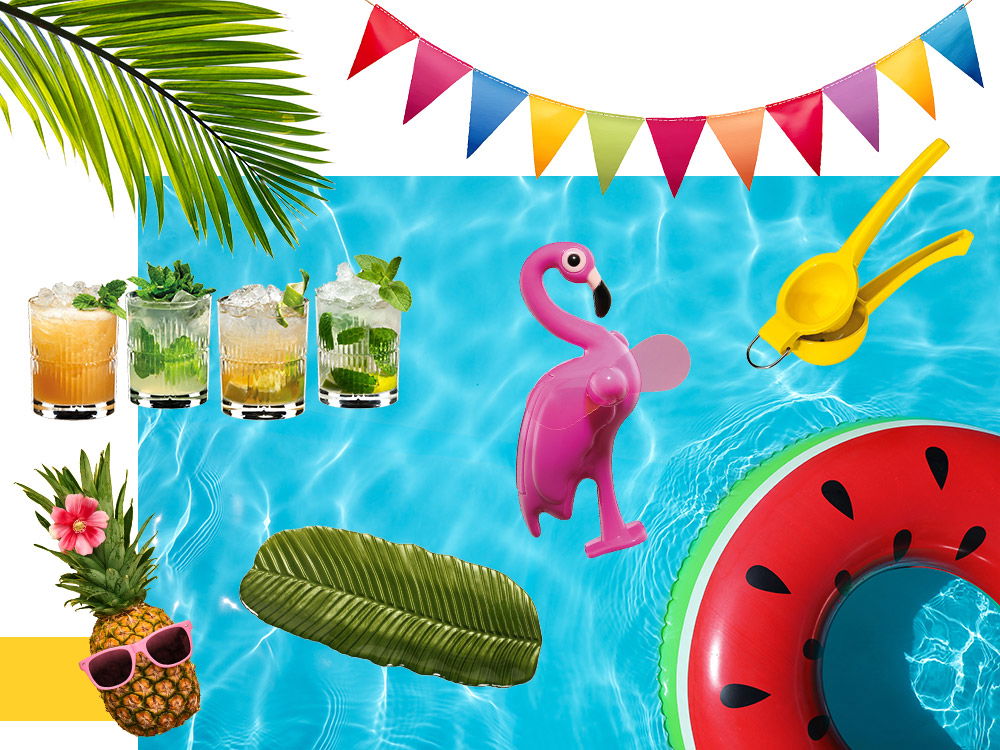 Sommerliches Pool-Arrangement mit Drinks, Wassermelonenring, Flamingo, Zitronenpresse und Partydeko im bunten Stil.