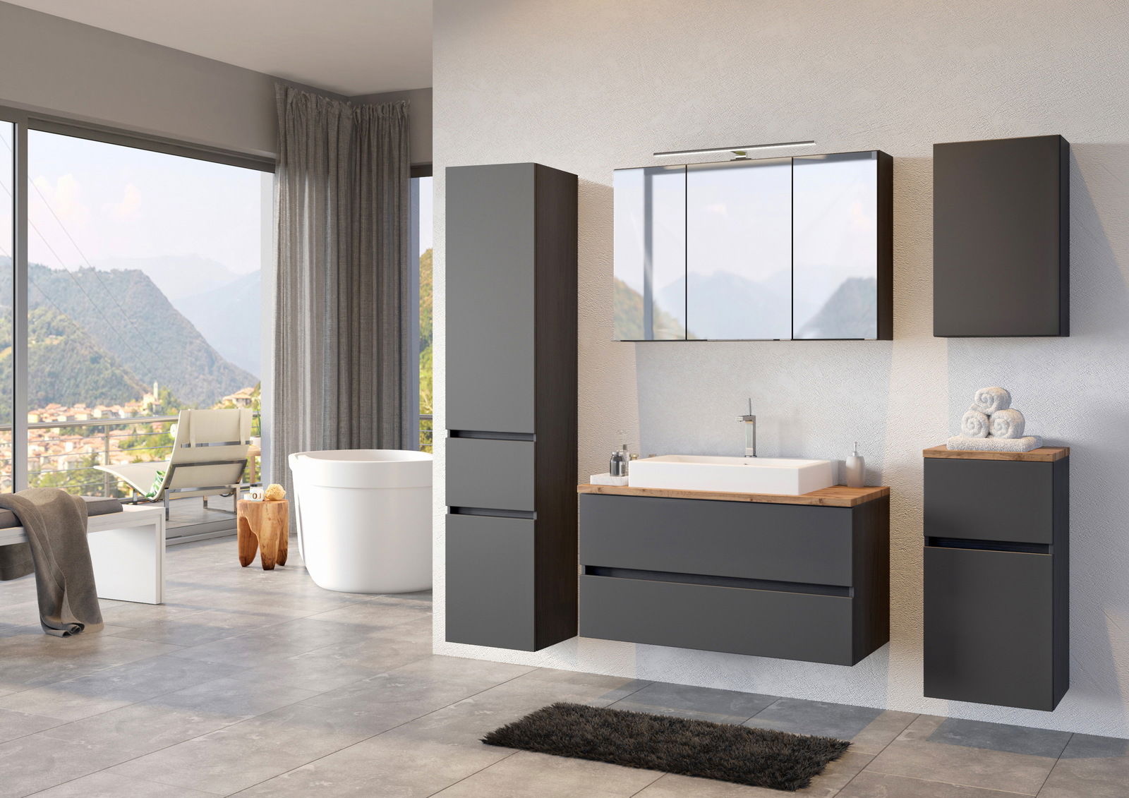 Moderner Badezimmer-Unterschrank in dunklem Holz mit zwei Schubladen, frontal betrachtet, in einem stilvollen Badezimmer mit Bergblick.