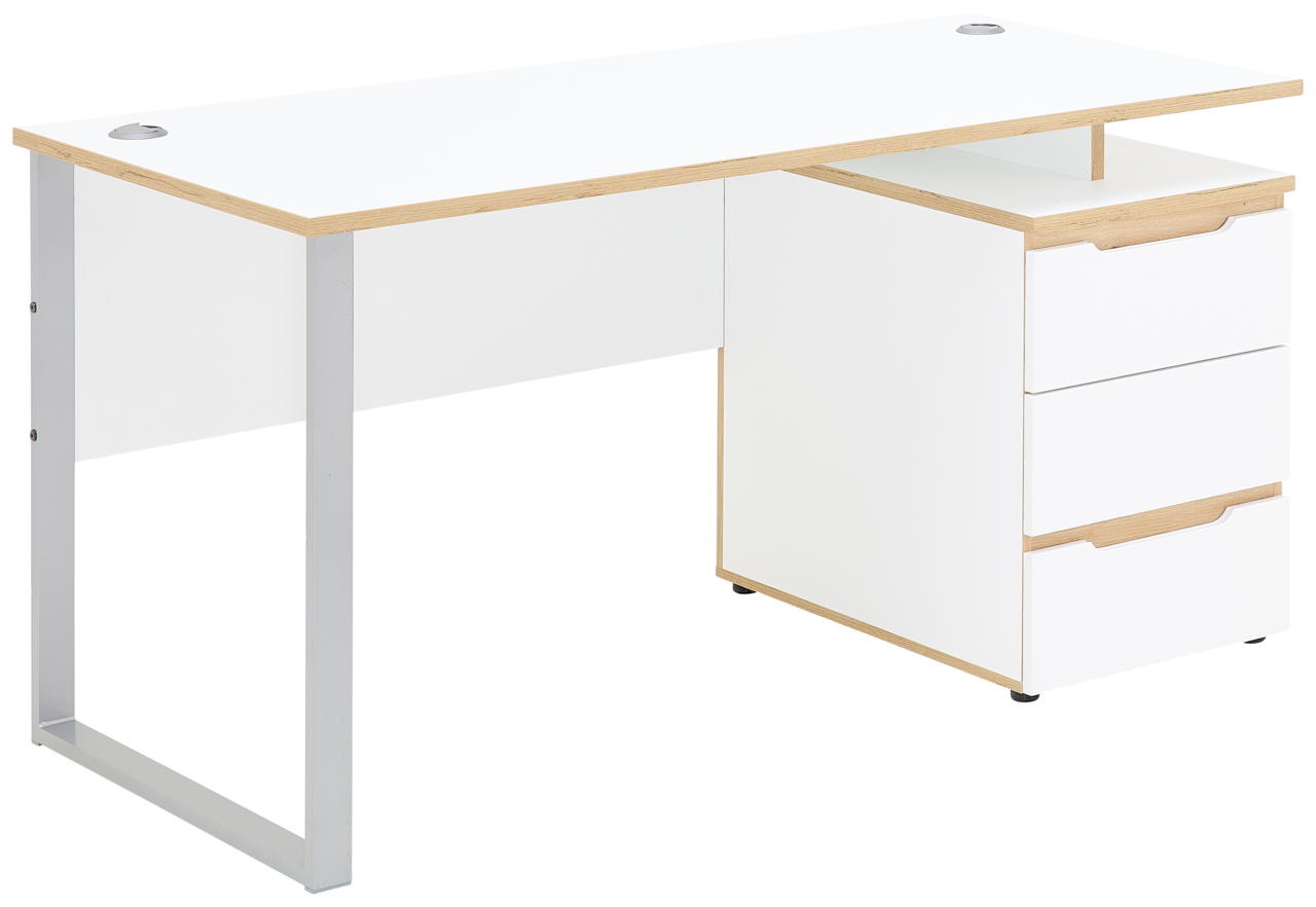 Moderner weißer Schreibtisch mit Holzdetails und integriertem Schubladenschrank, seitliche Perspektive