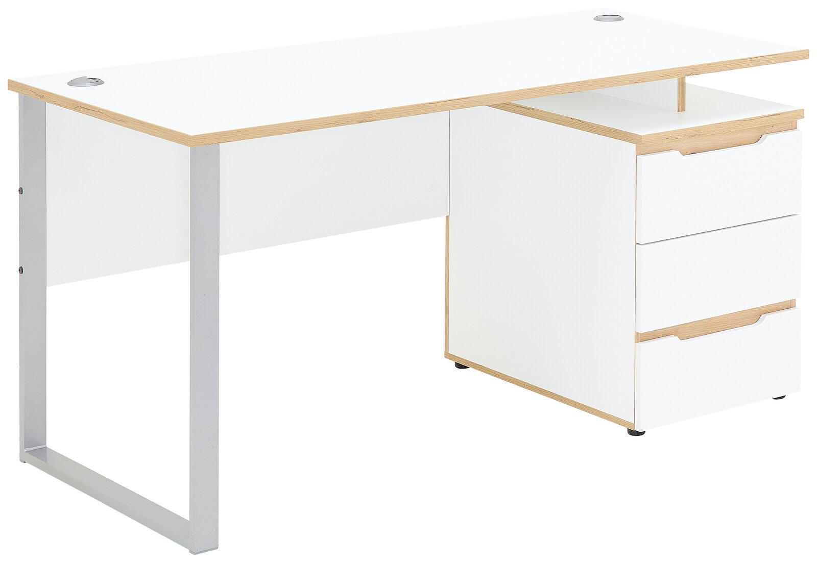 Voleo Schreibtisch DETROIT Moderner weißer Schreibtisch mit Holzdetails und integriertem Schubladenschrank, seitliche Perspektive