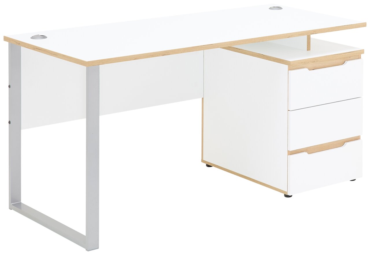 Moderner weißer Schreibtisch mit Holzdetails und integriertem Schubladenschrank, seitliche Perspektive