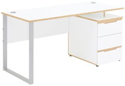 Moderner weißer Schreibtisch mit Holzdetails und integriertem Schubladenschrank, seitliche Perspektive