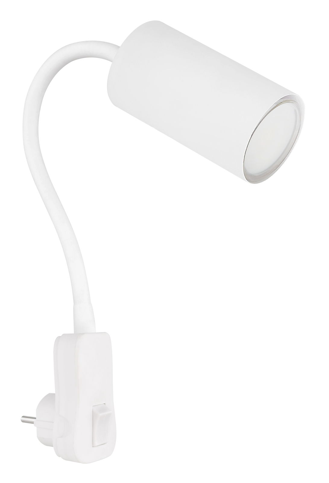 Weiße Wandleuchte aus Kunststoff mit flexiblem Arm und Schalter, seitliche Perspektive