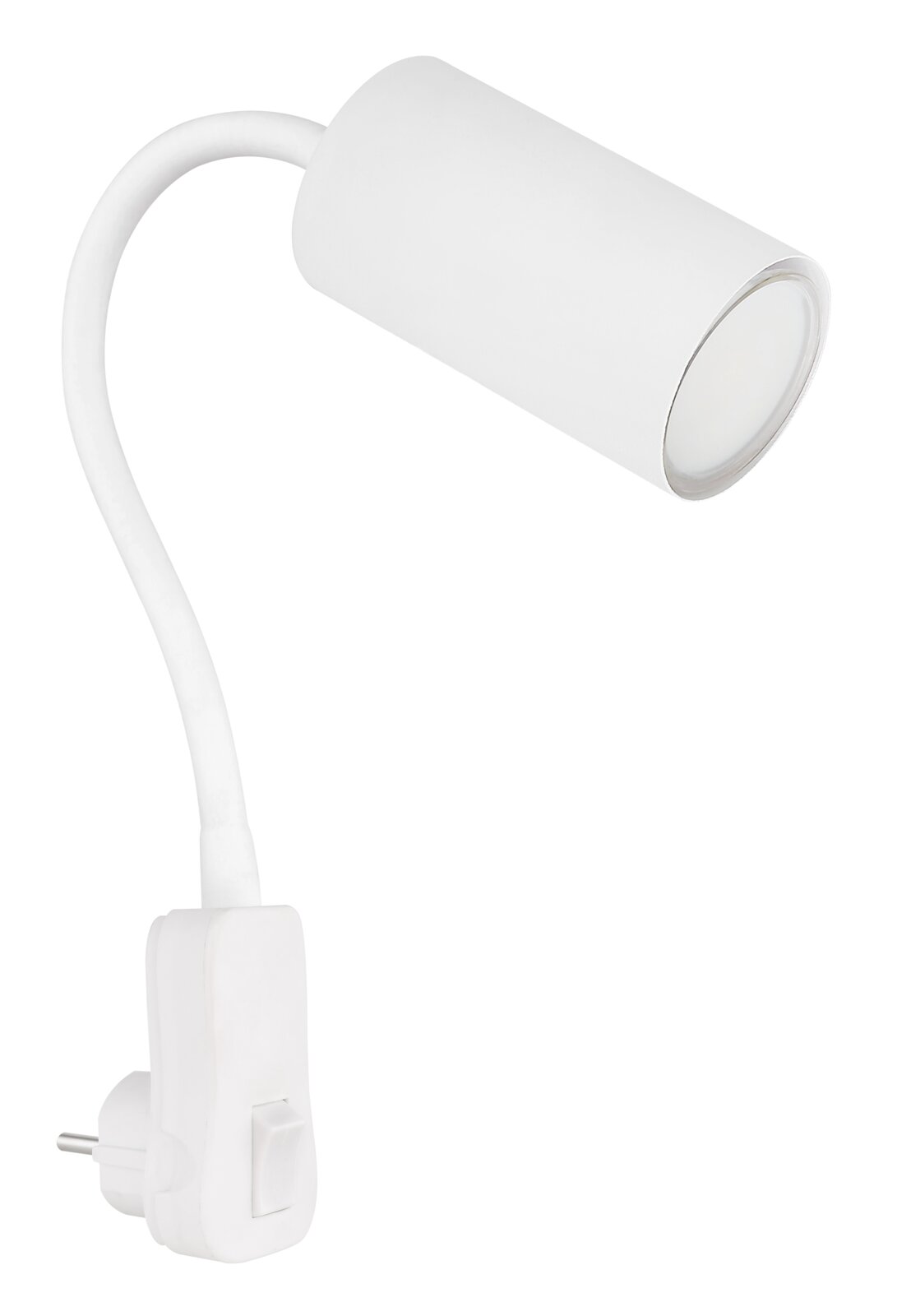 Witte wandlamp van kunststof met flexibele arm en schakelaar, zijaanzicht