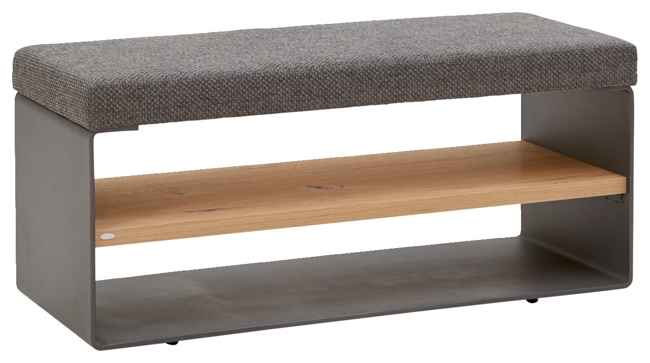 Voglauer Bank TAURINO Moderne Bank mit grauem Polster und Holzablage, seitliche Perspektive